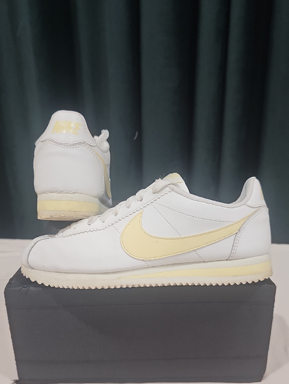 Nike Cortez White Sneakers with Pale Yellow Swoosh